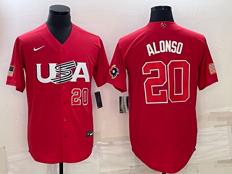 Men 2023 World Cub USA #20 Alonso Red Nike MLB Jersey